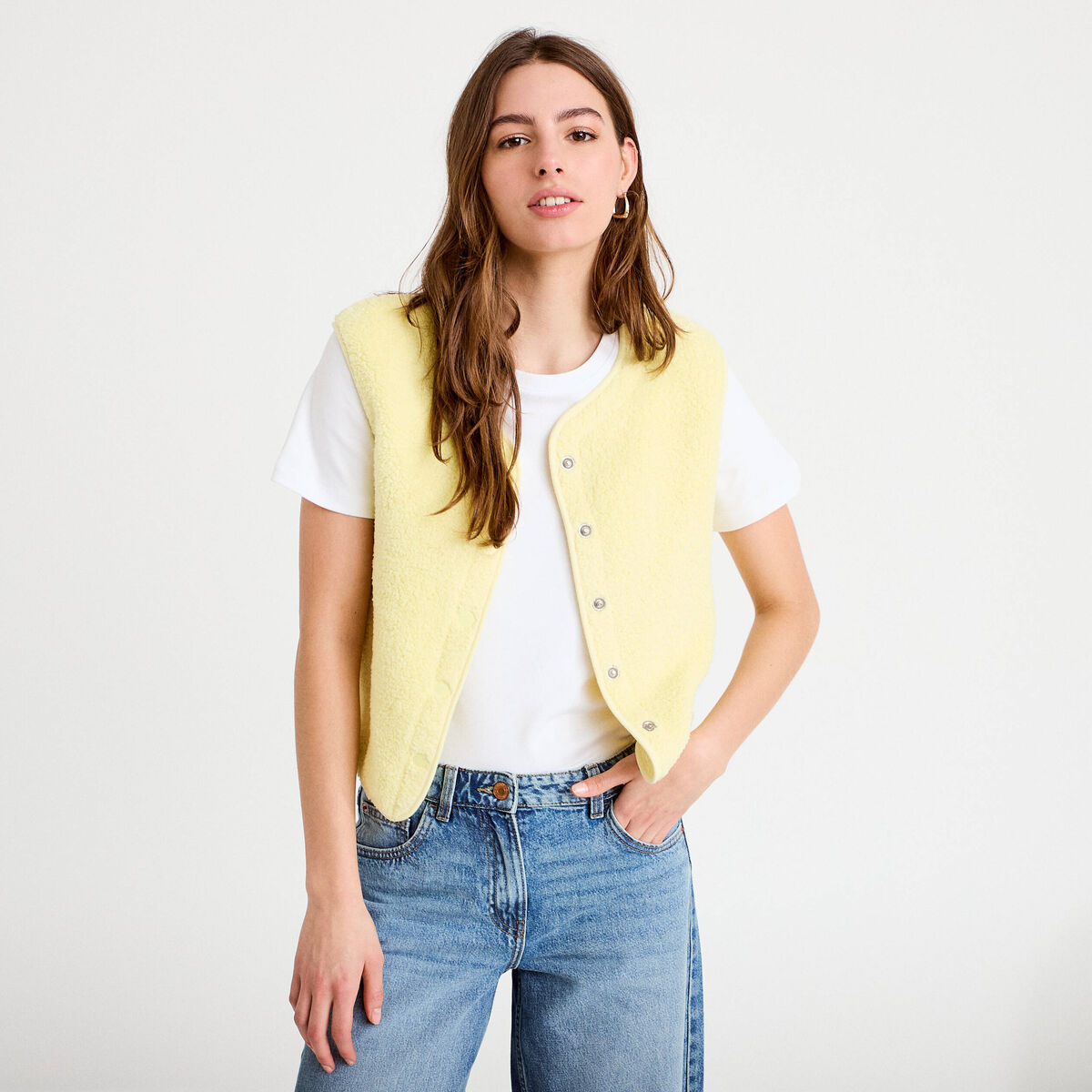 Veste sans manches effet polaire jaune clair femme