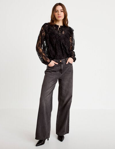 Blouse col rond manches longues dentelle noir femme