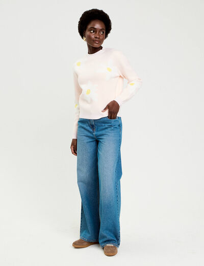 Pull motif fleurs rose clair femme