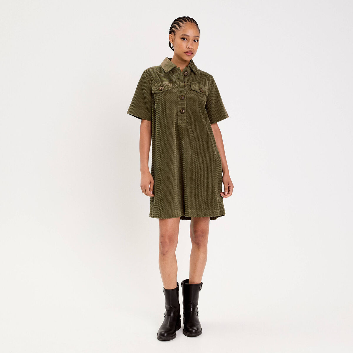 Robe courte droite en velours coton vert kaki femme