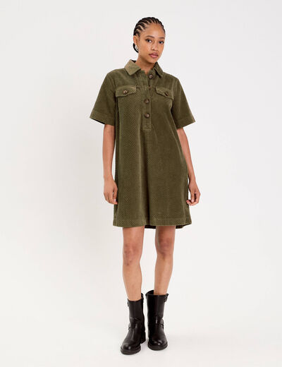 Robe courte droite en velours coton vert kaki femme