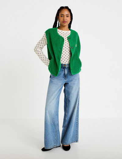Veste sans manches fausse fourrure vert fonc&eacute; femme