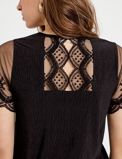 Blouse col v manches courtes dentelle noir femme