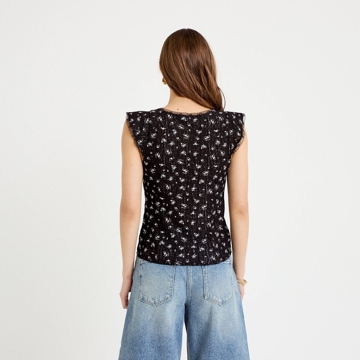 Top boutonn&eacute; d&eacute;tails dentelle noir femme