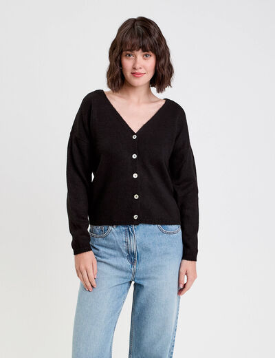 Gilet boutonn&eacute; avec col en V noir femme