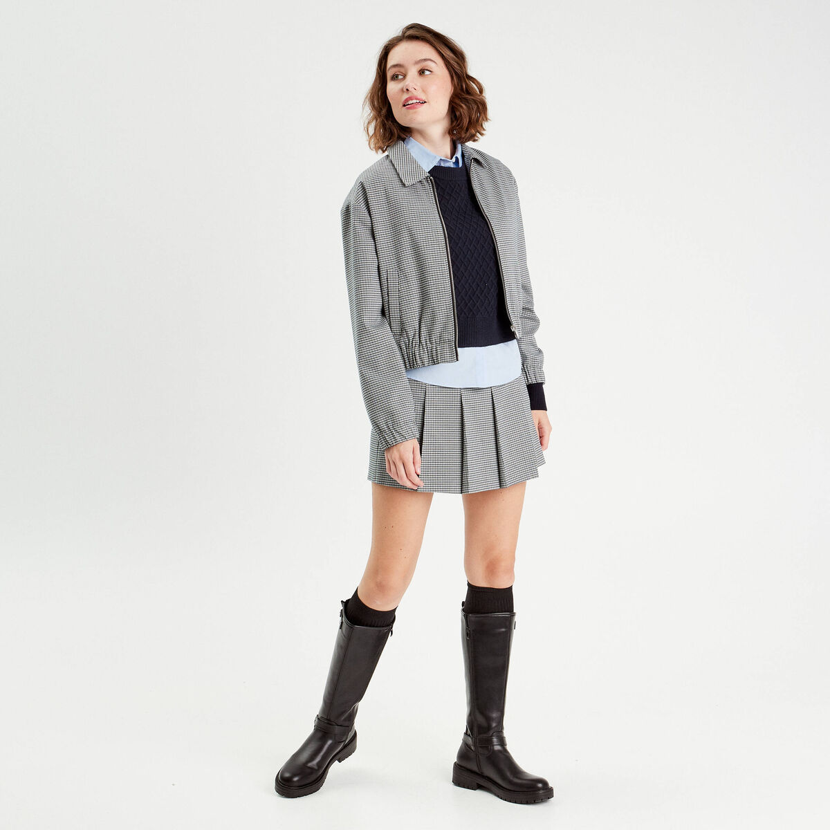 Pull chemise 2-en-1 bleu marine femme