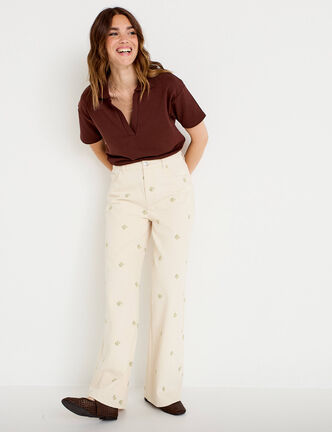 Jean wide leg broderie taille haute denim blanc femme