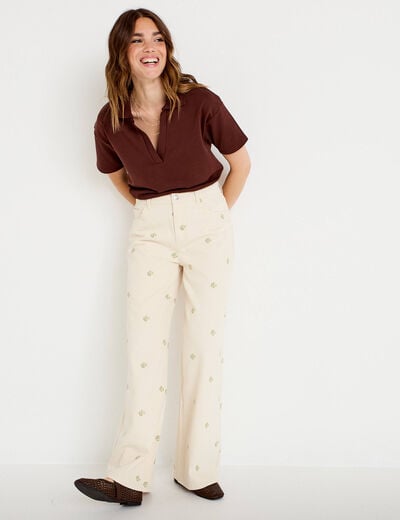 Jean wide leg broderie taille haute denim blanc femme