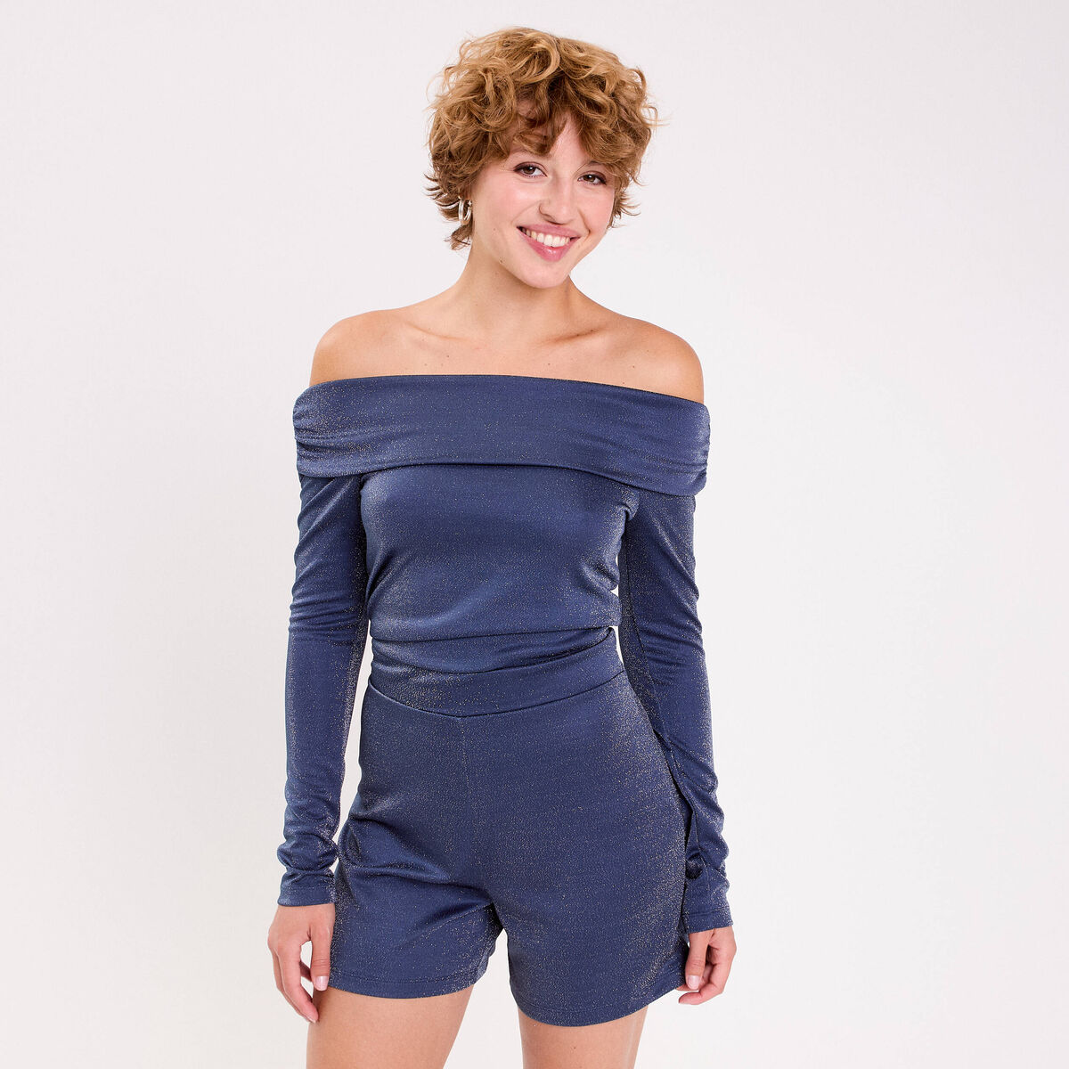 Combishort col bardot fils m&eacute;tallis&eacute;s bleu fonc&eacute; femme