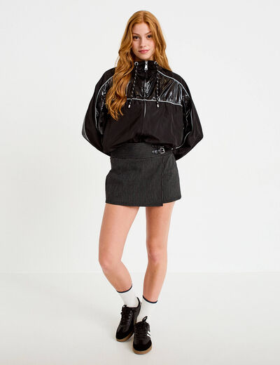 Coupe-vent oversize cropped bi-mati&egrave;re noir femme