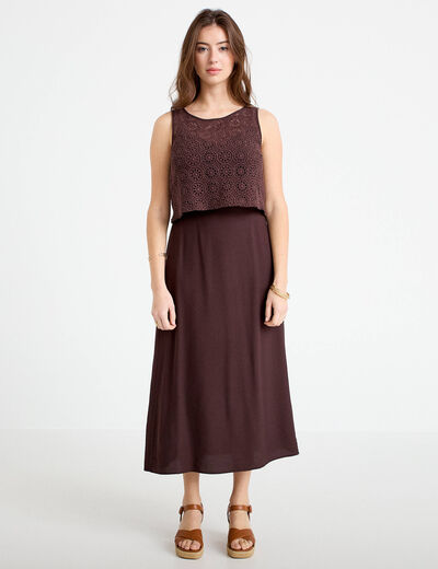Robe longue bi-mati&egrave;re col rond marron fonc&eacute; femme