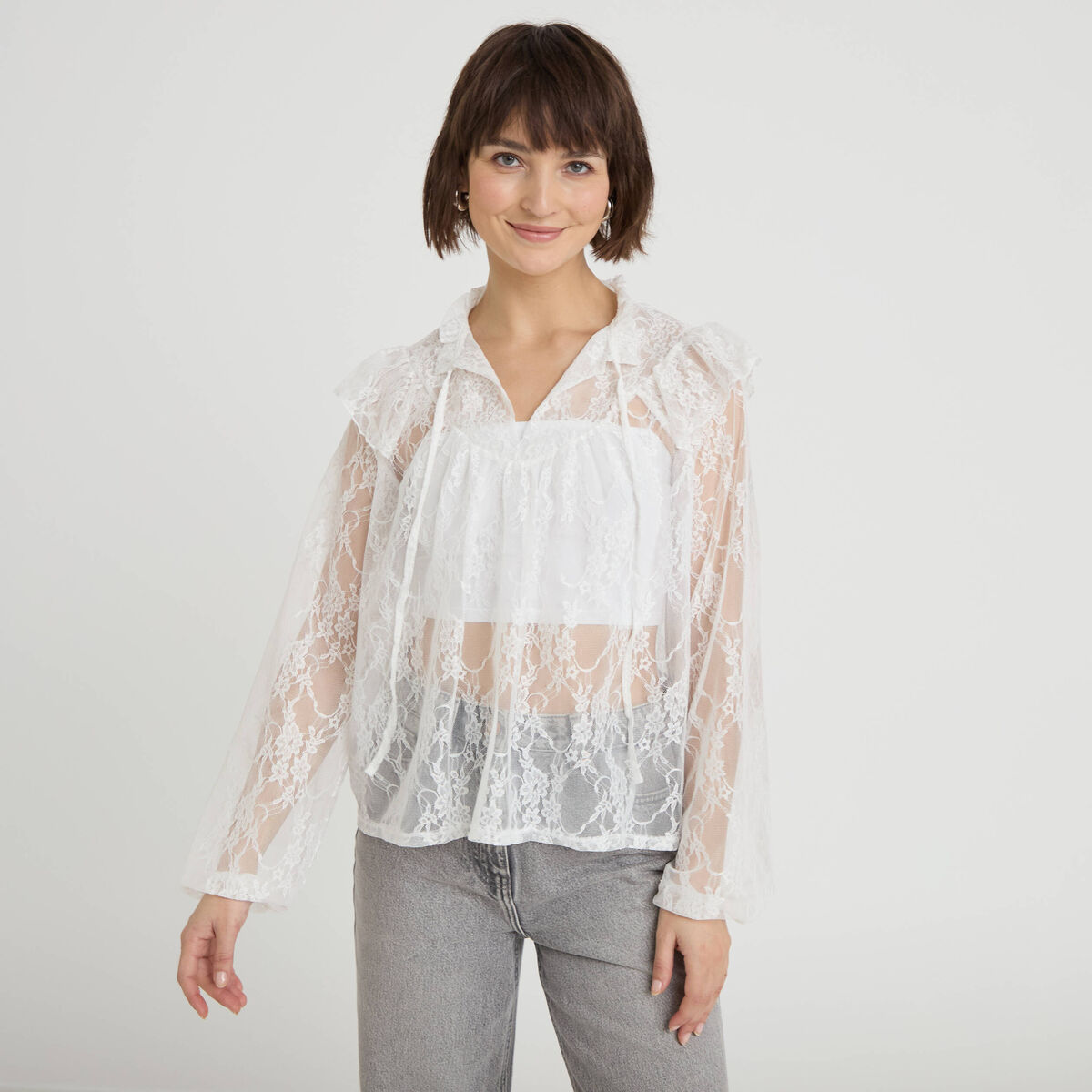 Blouse col rond manches longues dentelle ecru femme