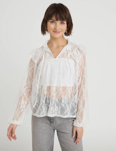 Blouse col rond manches longues dentelle ecru femme