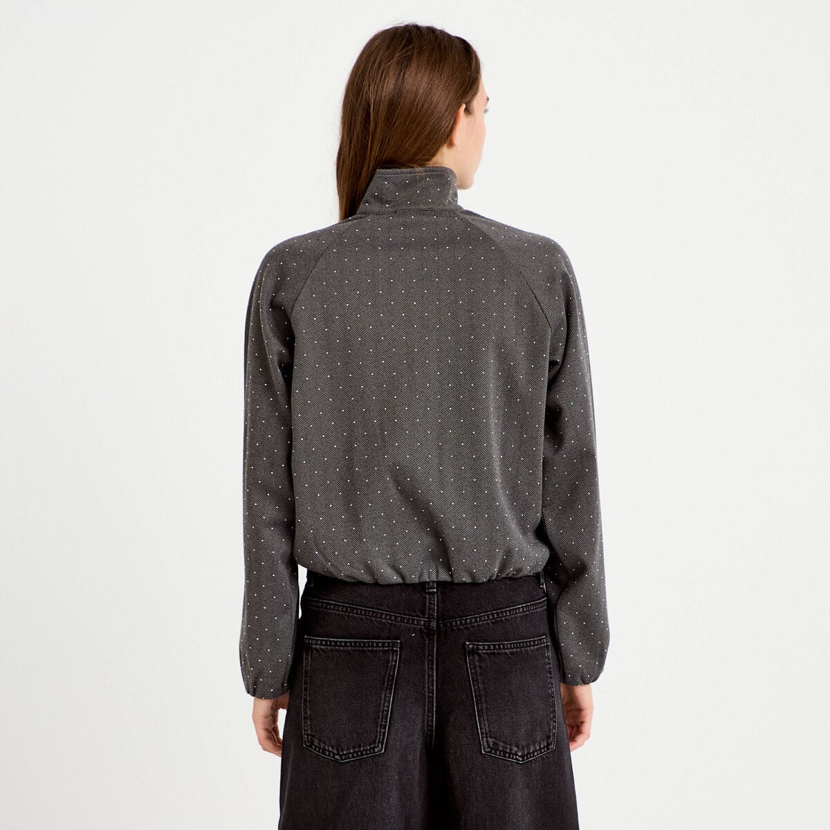Veste effet boule col montant tweed noir femme