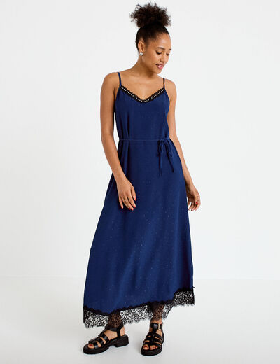 Robe longue &eacute;vas&eacute;e col v dentelle bleu marine femme