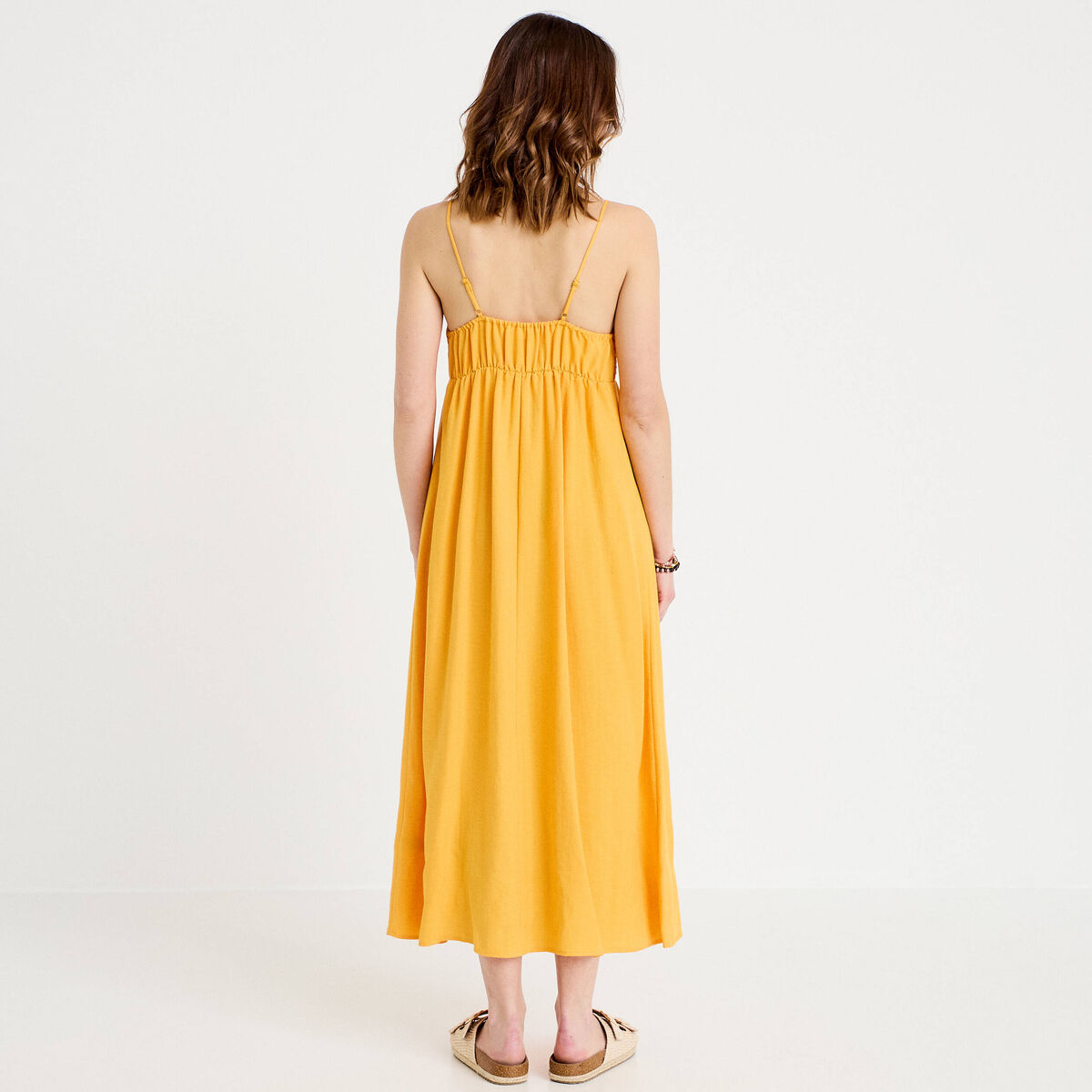 Robe bi-mati&egrave;re col v bretelles fines orange clair femme