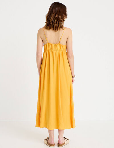 Robe bi-mati&egrave;re col v bretelles fines orange clair femme
