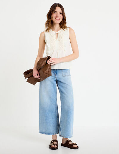 Blouse sans manches col v ecru femme