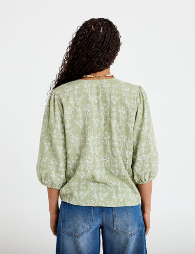 Blouse droite pliss&eacute;e manches 3/4 vert femme