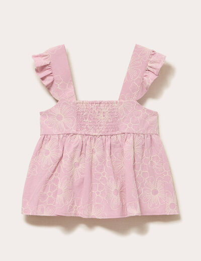 Top broderie col carr&eacute; fines bretelles rose clair femme