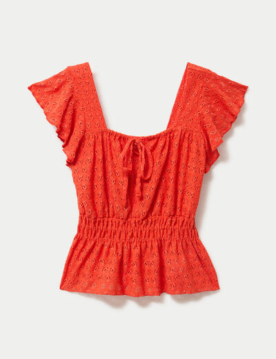Blouse ajour&eacute;e col carr&eacute; manches courtes orange fonc&eacute; femme
