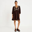 Robe droite courte col v manches 3/4 marron fonc&eacute; femme