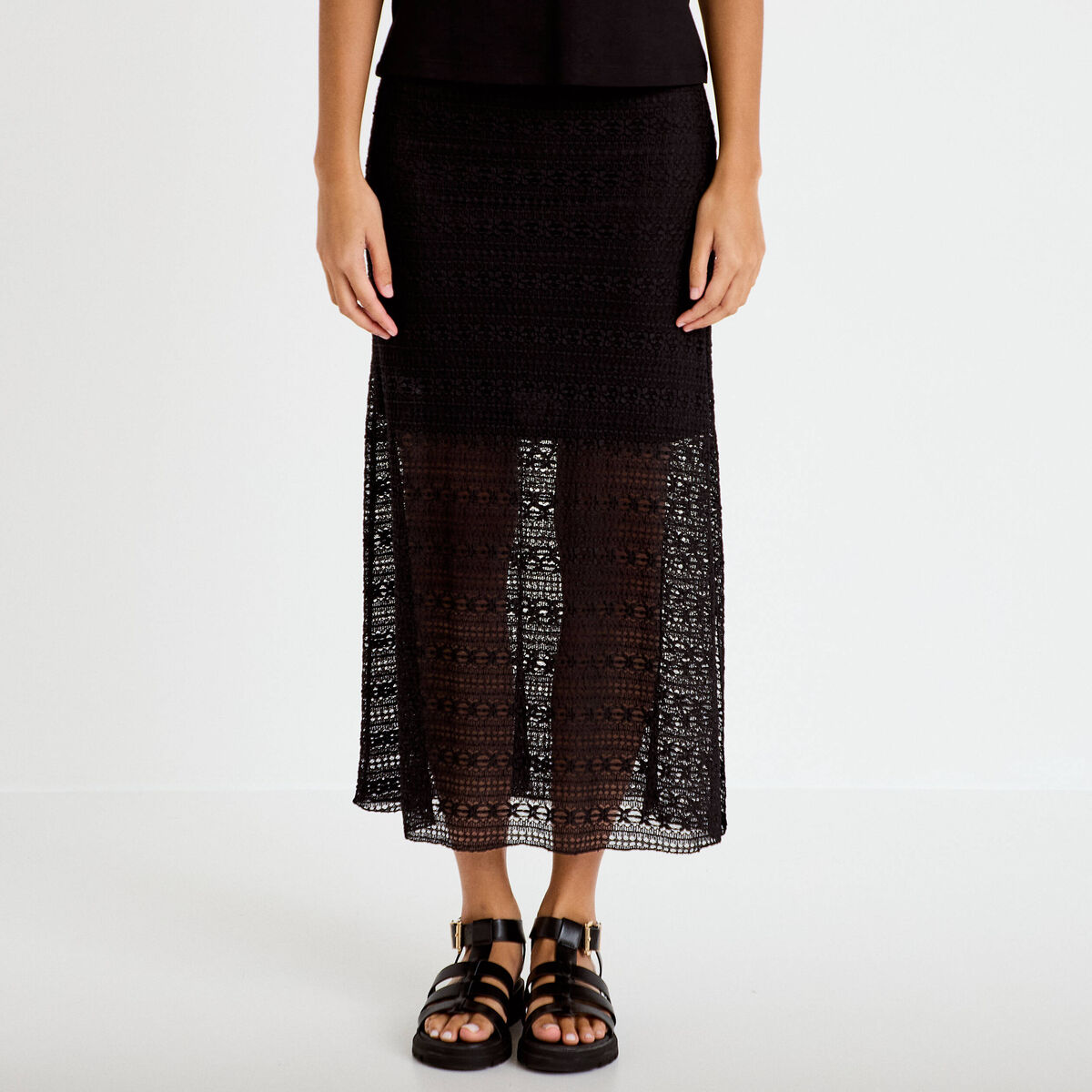 Jupe longue droite en dentelle noir femme
