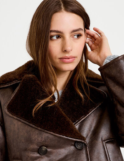 Caban cropped droit col tailleur marron fonc&eacute; femme