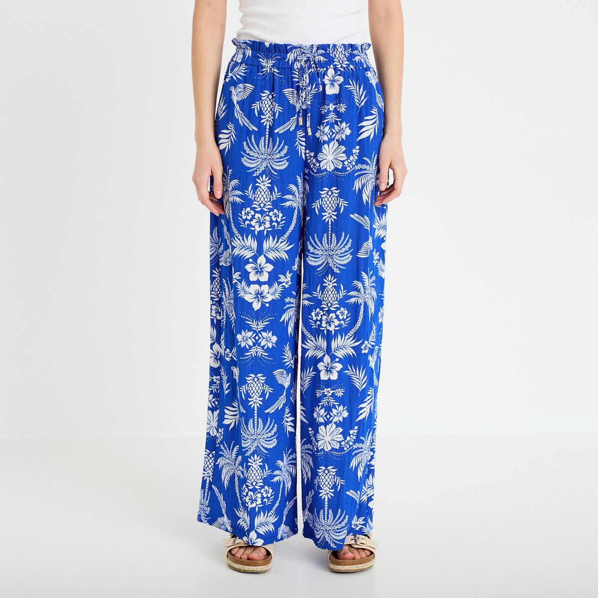 Pantalon large taille standard pliss&eacute; bleu roi femme