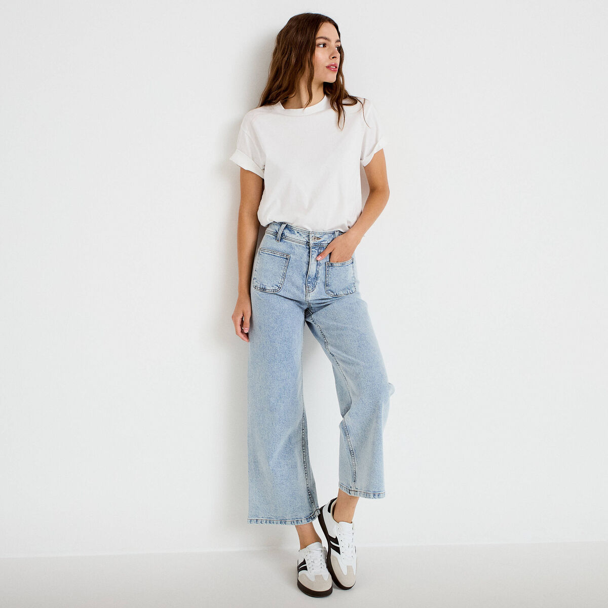 Jean wide leg cropped taille haute denim triple stone femme
