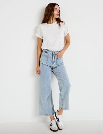 Jean wide leg cropped taille haute denim triple stone femme