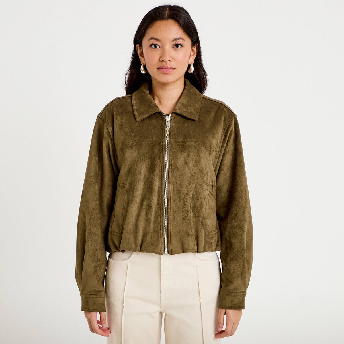 Veste effet boule oversize cropped vert kaki femme