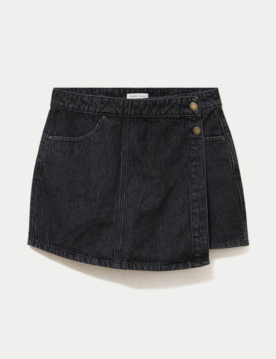 Jupe-short trap&egrave;ze en jean denim snow noir femme