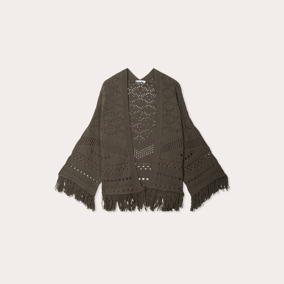 Gilet ajour&eacute; avec franges vert kaki femme