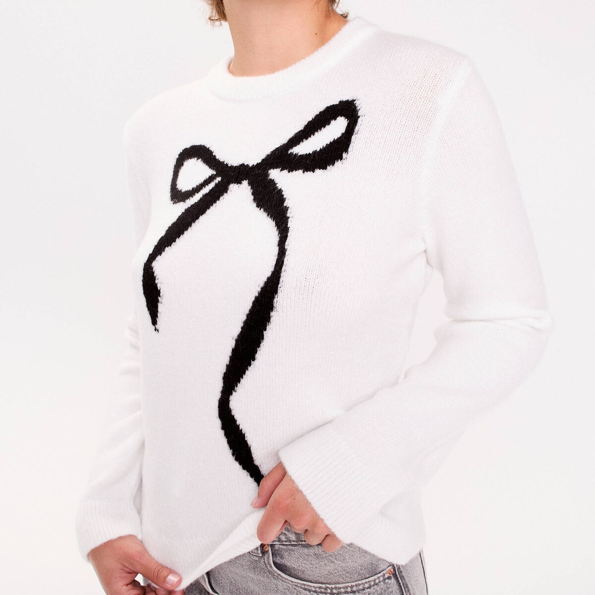 Pull motif noeud ecru femme
