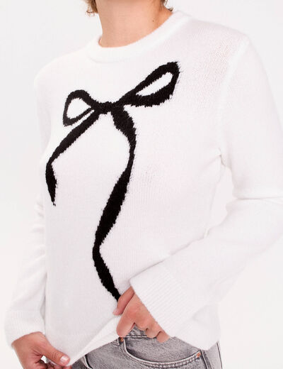 Pull motif noeud ecru femme