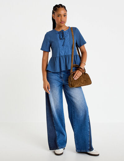 Blouse brod&eacute;e bleu fonc&eacute; femme