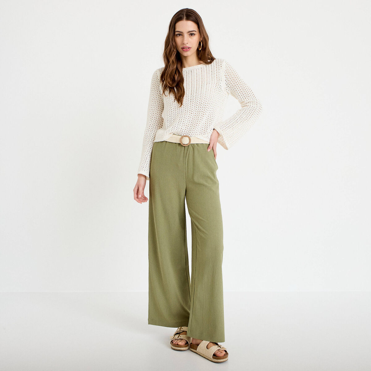 Pantalon large fluide ceintur&eacute; vert kaki femme