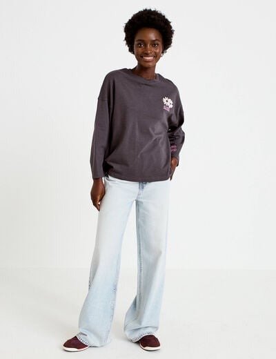 Sweat oversize col rond manches longues gris fonc&eacute; femme