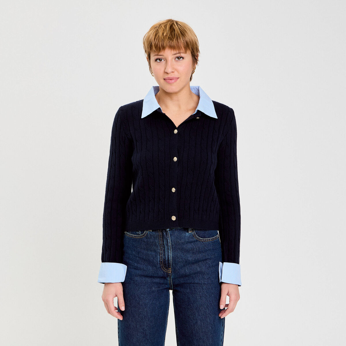 Gilet col chemise manches longues bleu marine femme