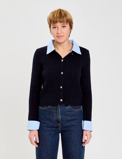 Gilet col chemise manches longues bleu marine femme