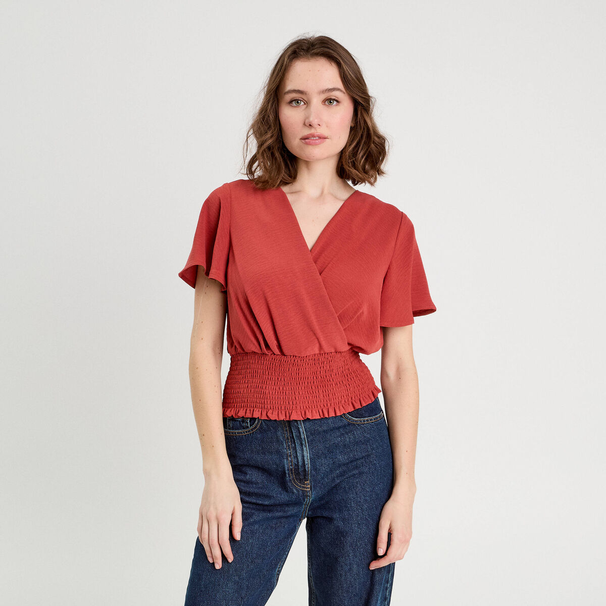 Blouse smock&eacute;e manches courtes vieux rose femme