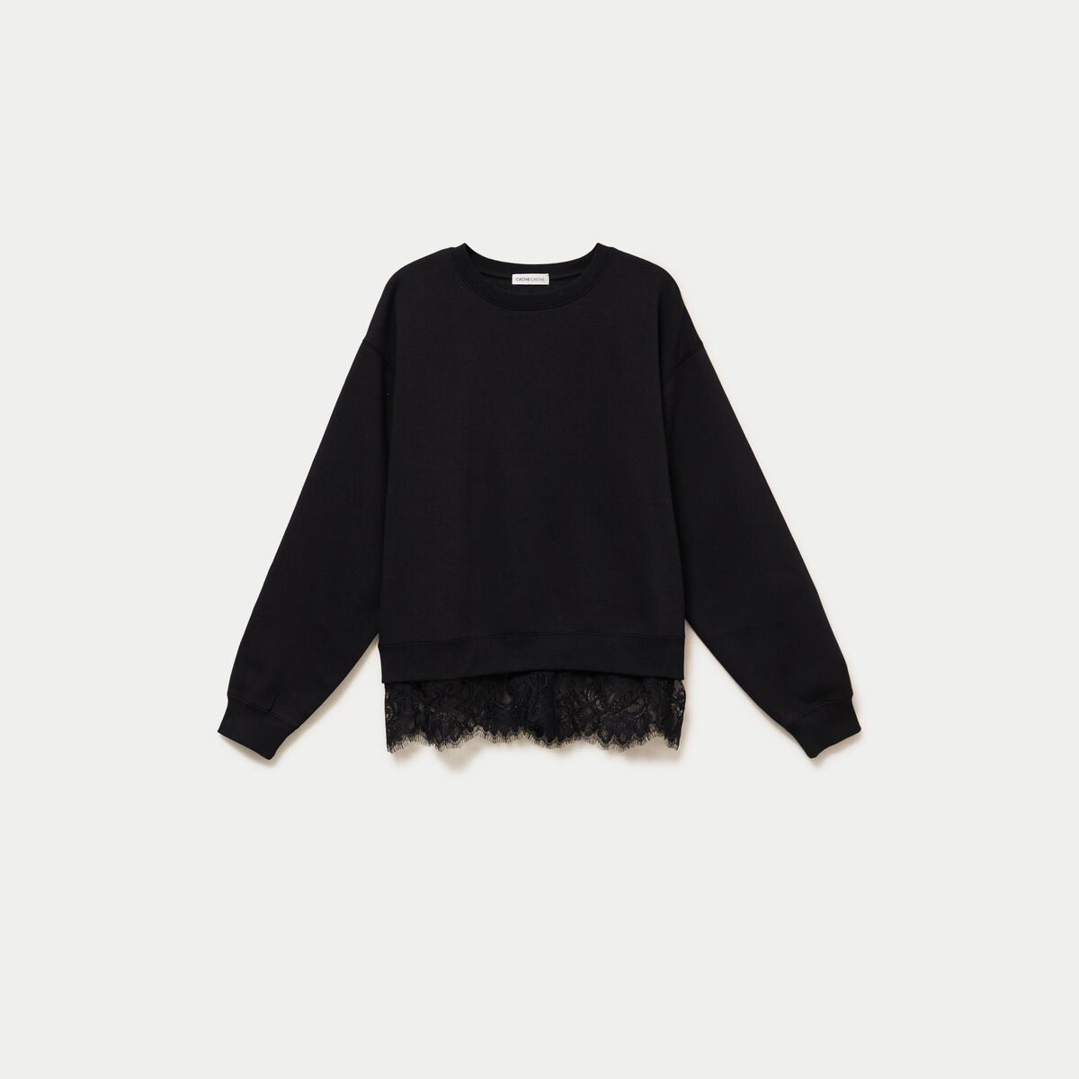 Sweat droit col rond d&eacute;tail dentelle noir femme