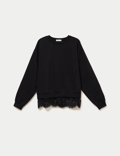Sweat droit col rond d&eacute;tail dentelle noir femme
