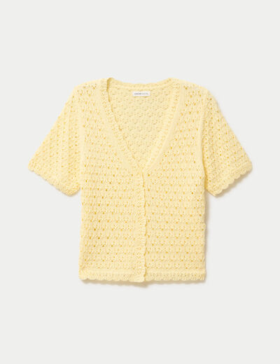 Gilet ajour&eacute; col v manches courtes jaune pastel femme