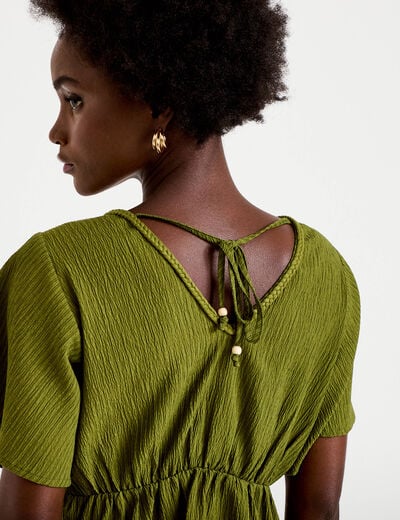Blouse pliss&eacute;e col v manches courtes vert kaki femme