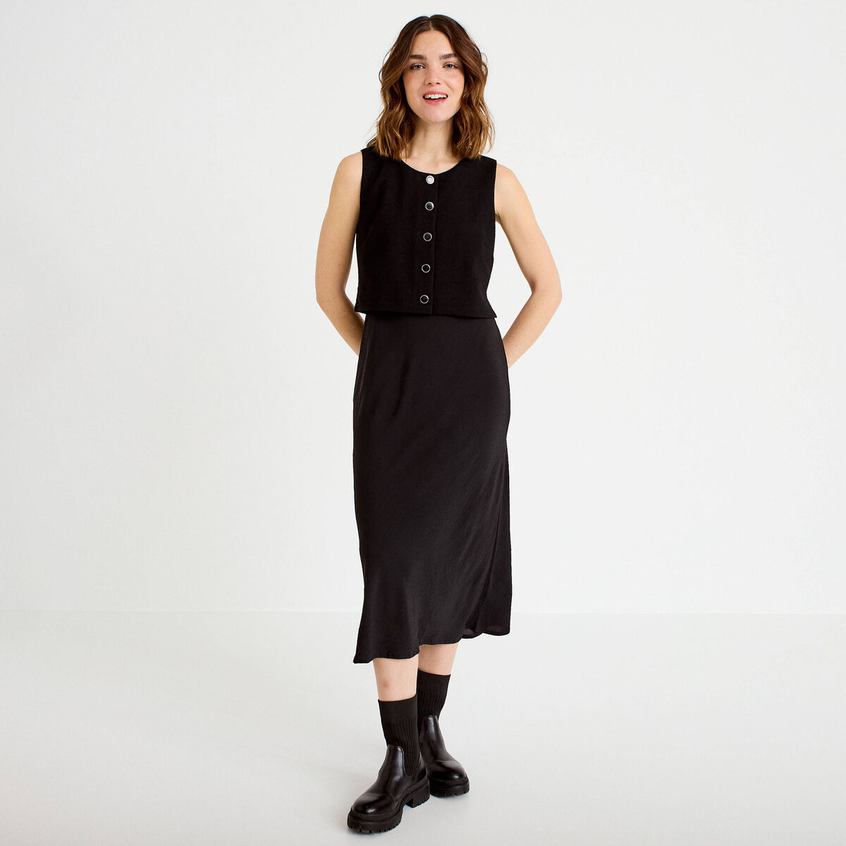 Robe bi-mati&egrave;re droite sans manches noir femme