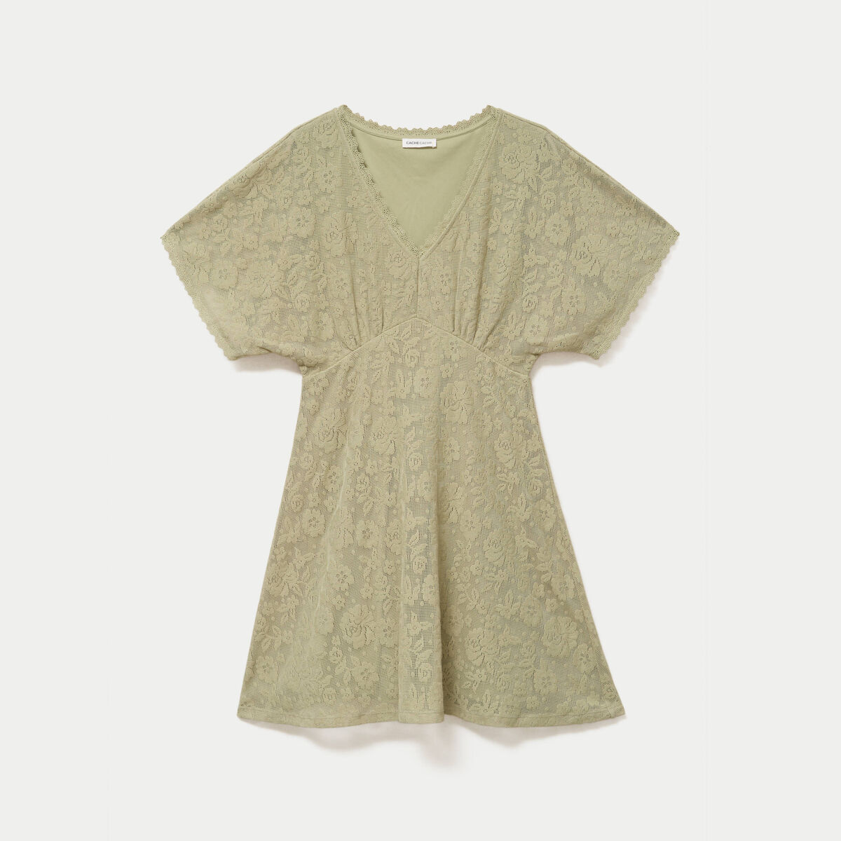 Robe courte &eacute;vas&eacute;e col v dentelle vert kaki femme