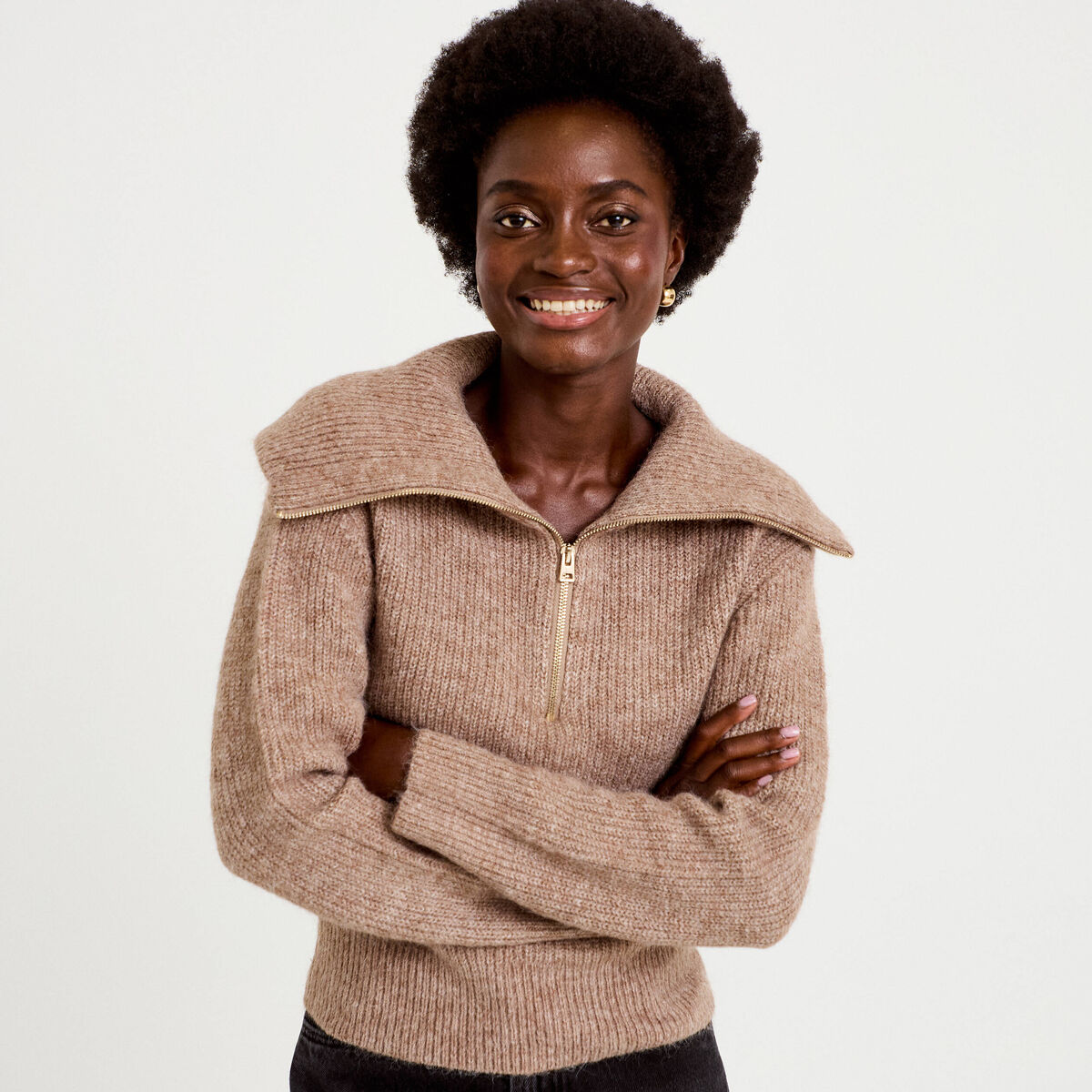 Pull col camionneur manches longues beige femme