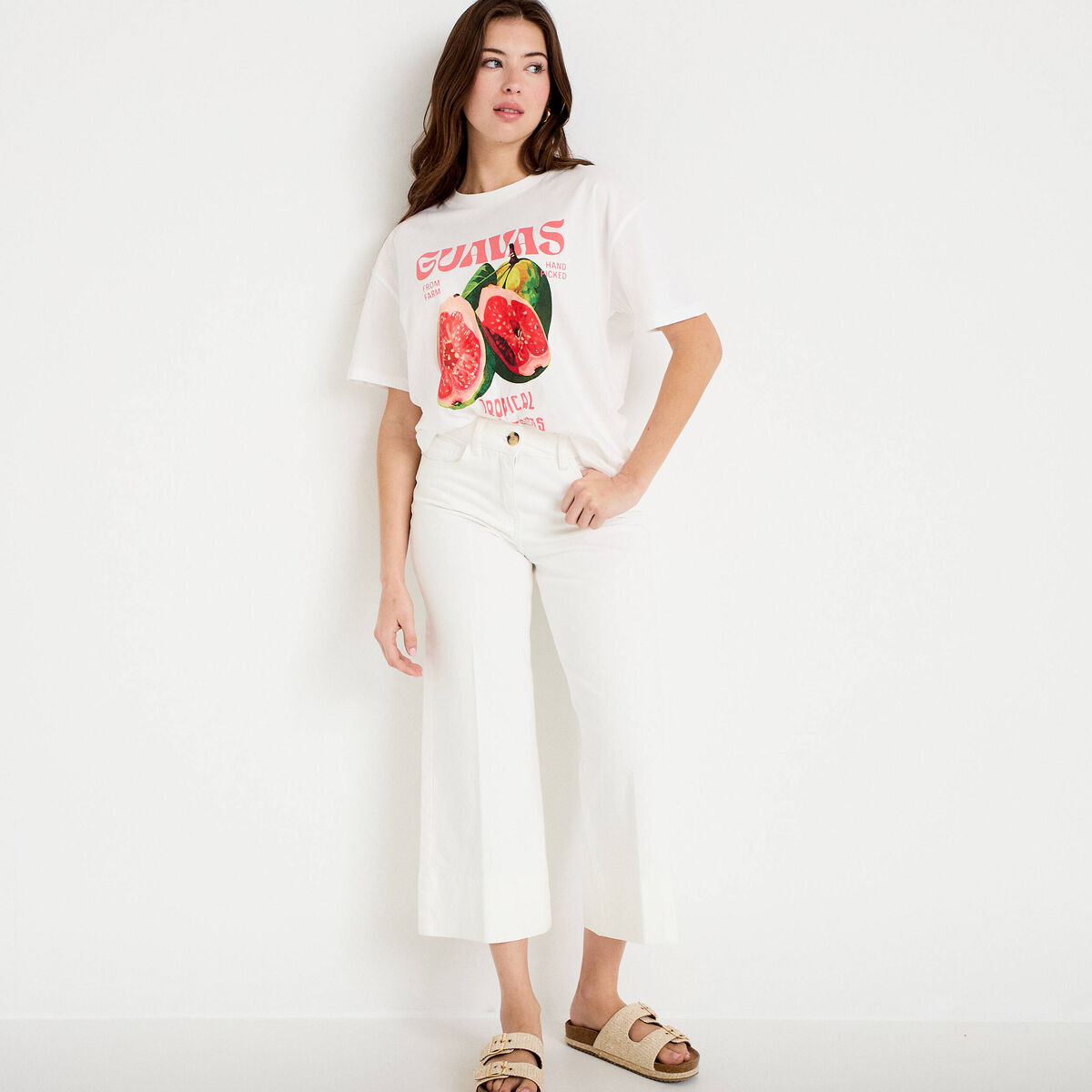 Jean wide leg cropped taille haute denim blanc femme